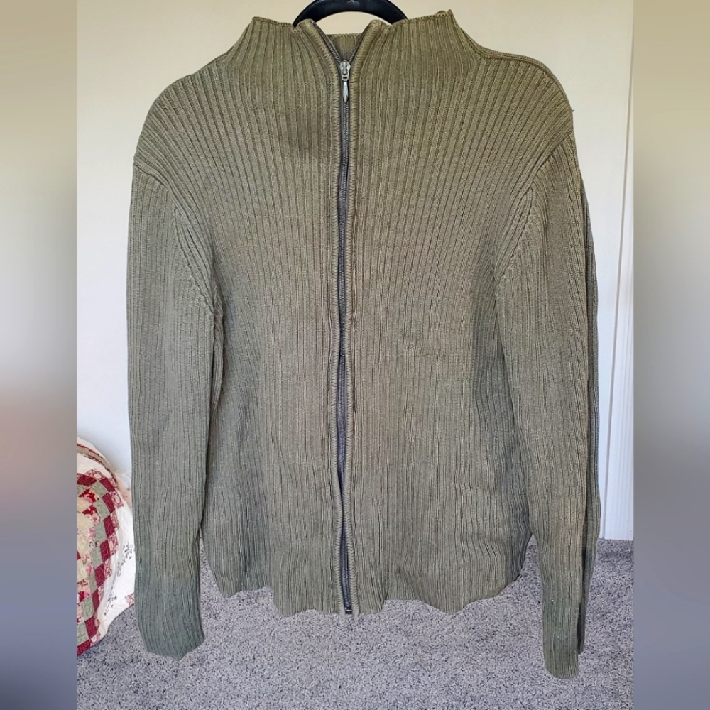 Olive Green Ribbed Zip Up Sweater